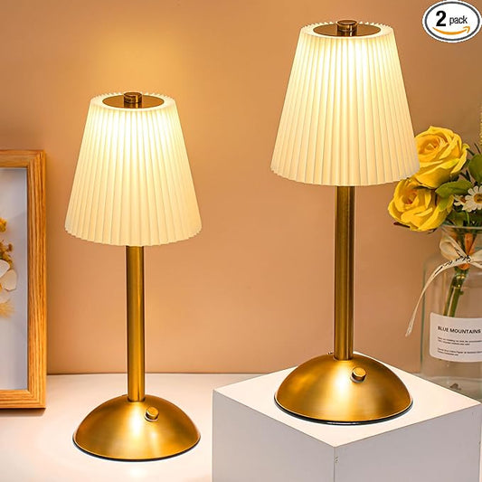 Liliful 2 Pcs LED Portable Cordless Table Lamp Touch Battery Operated Rechargeable Desk Lamp 3 Color Dimmable for Bedroom Living Room Dining (Beige Cloth Style,Gold)