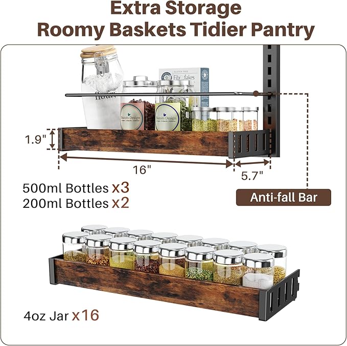 6 Tier Over The Door Pantry Organizer, 2 IN 1 Wall Mount or Metal Hanging Spice Rack for Pantry Organizers and Storage, Seasoning Shelves，Adjustable Basket with Hooks for Kitchen, Bathroom,Laundry