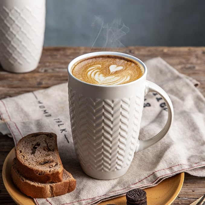 AmorArc Extra Large Coffee Mugs Set of 6, 20oz Ceramic Tall Coffee Mugs Set with Textured Geometric Patterns for Coffee/Tea/Beer/Hot Cocoa, Dishwasher & Microwave Safe,Beige