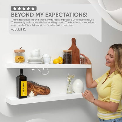 Homeforia White Floating Shelves 36 inch, High End Solid Real Wood 36inch Floating Shelf for Wall Mounted, White Wooden 36in Long Floating Shelves, Heavy Duty Bracket, 36 X 6.5 X 1.75 inches, Set of 2