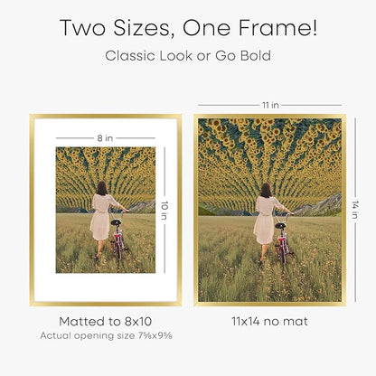 Homeforia 11x14 Picture Frame Gold, High End Metal 11x14 Poster Frames with Mat for 8x10, 11 x 14 Gold Frame Matted to 8 x 10 inch Photo, 11by14 Thin Hanging Frames, Tempered Glass, Wall Kit, Set of 1