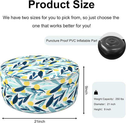 Inflatable Ottoman Stool D21 xH9 for Outdoor/Indoor Use, Water Repellent Patio Foot Rest Stool with Portable Handle,Round Pouf Ottoman Suitable for Garden,Deck and Camping - Leaves Multi