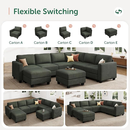 HONBAY Corduroy Sectional Couch with Storage U Shaped Sectional Sofa Modular Sectional Couches for Living Room, Green
