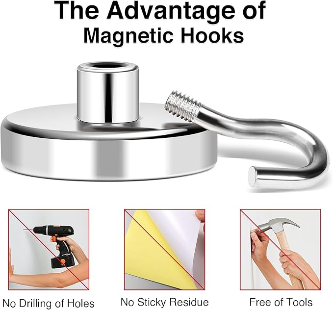 MIKEDE Magnetic Hooks Heavy Duty, 150LB+ Strong Neodymium Magnets with Hooks for Refrigerator, Large Magnetic Hooks with Epoxy Coating for Hanging, Home, Workplace - 10 Pack