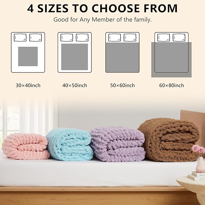L'AGRATY Chunky Knit Blanket - Soft Chenille Yarn Throw - 60x80: Handmade Thick Cable Knit Crochet Blanket for Couch, Sofa, Bed & Home Decor