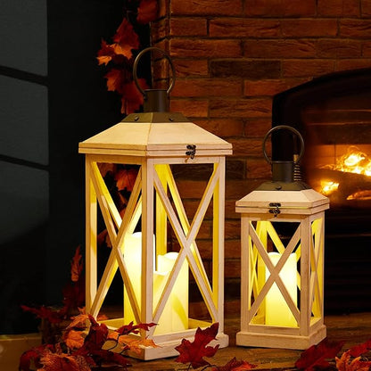Glitzhome Mondern Farmhouse Wooden Lantern Hanging Decorative Candle Lantern for Outdoor & Indoor Wash White Set of 2 (No Glass)