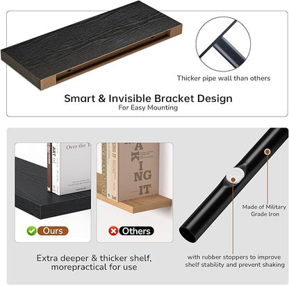 Floating Shelves - 2 Pack 9 Inch Rustic Wooden Wall Shelves - Extra Deeper & Thicker Wall Mounted Storage Shelf for Living Room, Kitchen, Farmhouse - 24" W x 9" D x 1.6" H - Rustic Black
