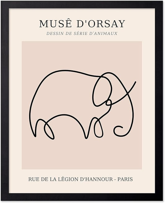 Poster Master Vintage Poster - Retro One Line Elephant Drawing Print - Elephant Art - Minimal Gift for Men, Women, Animal Lover - Abstract Wall Decor for Home, Office, 8x10 Black Framed