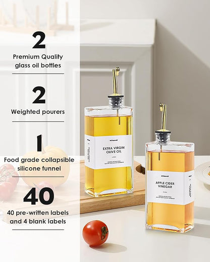 Olive Oil Dispenser For Kitchen, Glass Oil Bottle 500ML Oil And Vinegar Dispenser Set Of 4 with 4 Stainless Steel Pourers & 88 Labels, Soy Sauce Dispenser, Coffee Syrup Bottles
