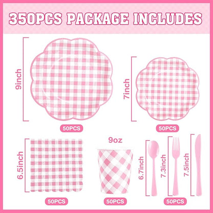 350 Pcs Pink Gingham Plates and Napkins Party Supplies - Pink and White Checkered Plates Sets Serve 50 Guests - Scalloped Gingham Paper Plate for Birthday Wedding Picnic Party Decorations