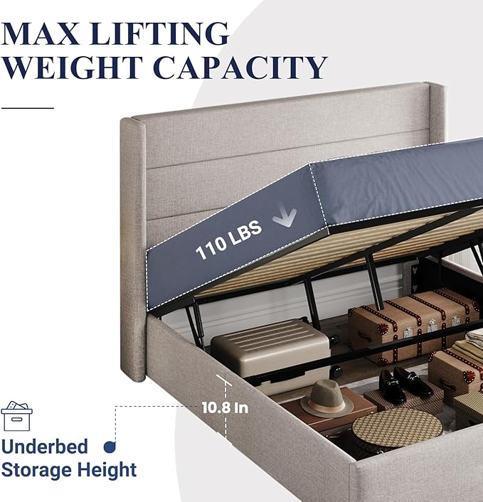 Allewie Queen Size Lift Up Storage Bed, Modern Wingback Headboard, Hydraulic Support, No Box Spring Needed, Light Beige