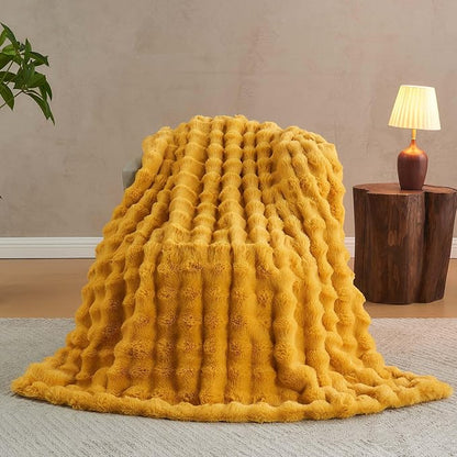 Lotus Karen Faux Fur Throw Blanket Ginger Yellow - Big Bubble Rabbit Fluff Blanket for Couch Bed Sofa,Softest Fluffy Fuzzy Cozy Blanket,Thick Furry Plush Shaggy Warm Blankets for Women,60x80 Inches