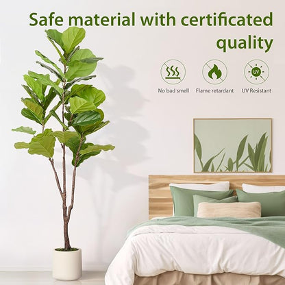 Artificial Fiddle Leaf Fig Tree, 6FT Faux Ficus Lyrata Plant with Realistic Leaves, Lifelike Home Decor Faux Tree in Stylish Pot for Indoor, Office, Living Room Decor (6ft)