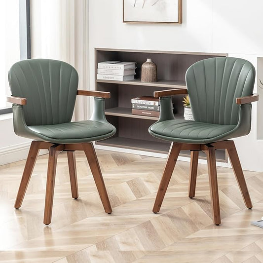 LUNLING Swivel Dining Room Chairs Set of 2, Mid Century Modern Green Faux Leather Kitchen Chairs with Arms,Bamboo Legs Side Chairs No Wheels,Accent Chair for Dining Rooms and Offices