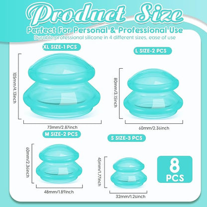 Nuanchu 8 Pcs 4 Sizes Cupping Therapy Set with Satin Bag Silicone Massage Cups Professional Cupping Therapy Vacuum Cup for Cellulite Joint Pain Muscle Pain(Clear Green)