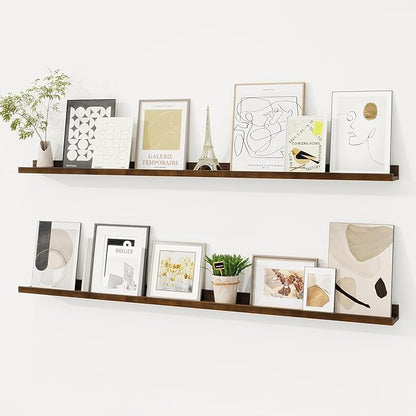 Picture Ledge Shelf, Solid Pine Wood Floating Shelves Set of 2, 48 Inches Nursery Book Shelves for Toys Storage, Kids Bookshelf Wall Mounted for Living Room Bedroom Decor Books Photo Frames, Walnut