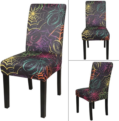 JQinHome Spider Halloween Chair Slipcover,Web Black Chair Covers Set of 6, High Stretch Washable Chair Protector Cover for Dining Room, Kitchen,Home Party,Wedding Ceremony(Spider,6PC)