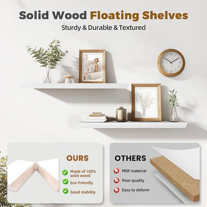 36"x6.8"x1.6" Slanted Floating Wall Shelves 2-Pack - Rustic White Finish, Heavy-Duty Solid Wood Design with Hidden Brackets - Perfect for Living Room, Kitchen, Bathroom, or Office