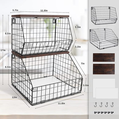 Fruit Basket, Stackable Wall Mounted Fruit Baskets, Potato Baskets Onion Storage for Kitchen, Hanging Wire Basket with Wood Lid, 2-Tier Vegetable Organizer Kitchen Countertop Organization