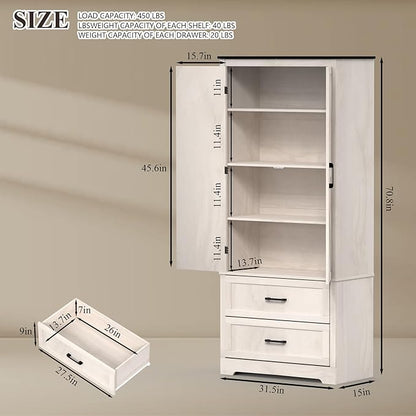 71" Kitchen Pantry Storage Cabinet, Barn Doors Tall Storage Pantry Cabinet with Drawers & Adjustable Shelf, Modern Farmhouse Cupboard Wood Pantry for Kitchen, Living Room, Dining Room, Oak Beige