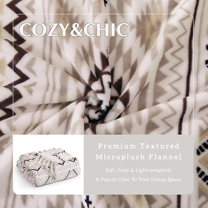 CASAAGUSTO Boho Throw Blanket - Beige and Gray Decorative Blankets with Tassel, Printed Flannel Bohemian Blanket for Chair, Bed, Sofa, Couch(50 * 60, Beige and Gray)
