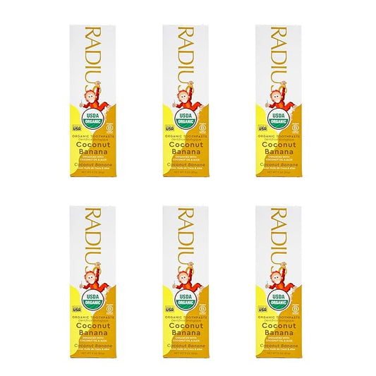 RADIUS USDA Organic Kids Toothpaste 3oz Non Toxic Chemical-Free Gluten-Free Designed to Improve Gum Health for Children's 6 Months and Up - Coconut Banana - Pack of 6