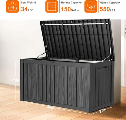 150 Gallon Deck Box,Resin Outdoor Storage Box with Lockable for Patio Furniture, Pool Accessories, Garden Tools Waterproof Outside Storage Box, Black