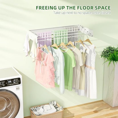 Wall Mounted Drying Rack for Laundry 40'', Folding Drying Rack Clothing Wall Mount with 5 Rods and 6 Hooks, Space Saving for Indoor Outdoor Bathroom Balcony (White, 40'')