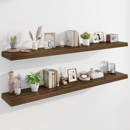 Marsmiles 72" Floating Shelves for Wall, Wooden Shelves with Invisible Brackets Set of 2, Rustic Farmhouse Wall Mounted Shelf for Kitchen Bathroom Living Room Study, Walnut
