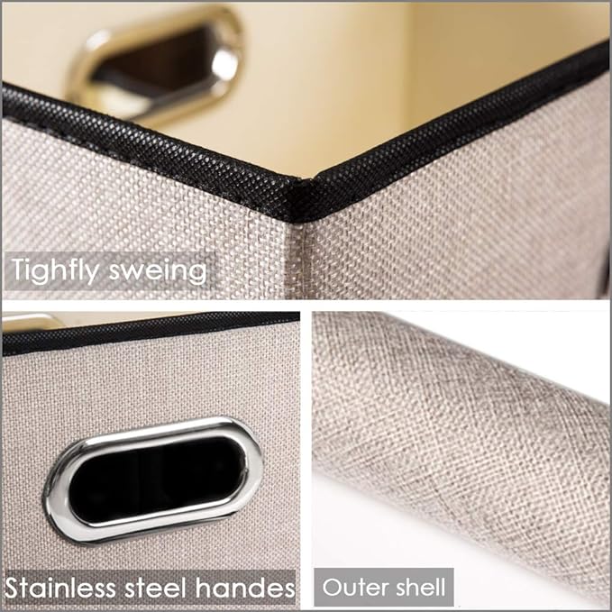 PRANDOM Foldable Storage Bin with Lid [5-Pack] Linen Fabric Decorative Storage Box Organizer Container Basket Cube with Handles Divider for Closet Office Living Room Light Grey(14.9x9.8x9.8)