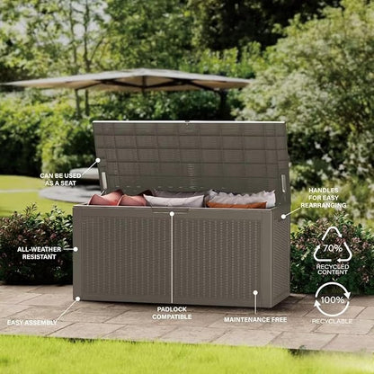 100 Gallon Lockable Resin Deck Box, Waterproof & UV-Resistant Outdoor Storage Box for Outdoor Cushion Storage, Garden Tools & Pool Accessories Storage, Gray