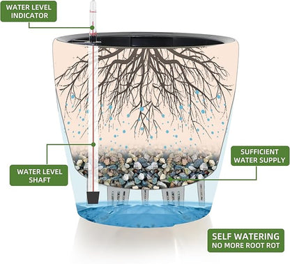 Dexceder 9x8 Inches Self Watering Planter Indoor Outdoor, Inner Pot Design, Thickened Table Flower Plant Pot with Water Level Indicator (Grayish Green Gradient)