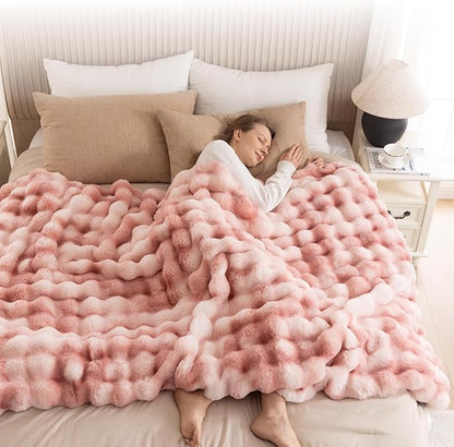 Cozy Faux Fur Throw Blanket for Couch-Warm Fuzzy Throw Blanket, Soft Plush Thick Bubble Blankets for Bedroom and Living Room, Furry Luxury Blanket, 60 x 80, Tie-Dye Pink