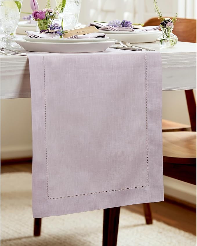 Solino Home Linen Lilac Table Runner 144 Inches Long - 100% Pure Linen Extra Long Table Runner 14 x 144 Inch - Classic Hemstitch