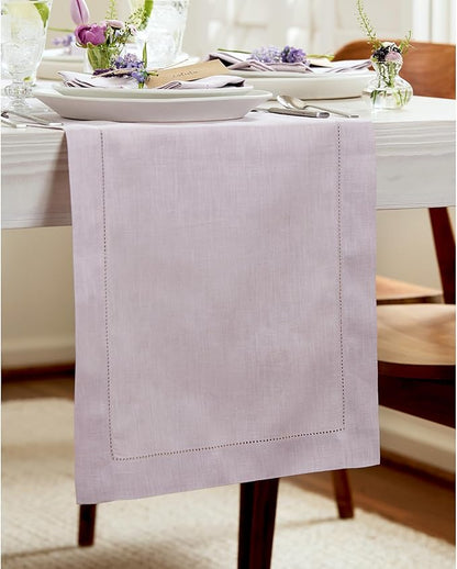 Solino Home Linen Lilac Table Runner 144 Inches Long - 100% Pure Linen Extra Long Table Runner 14 x 144 Inch - Classic Hemstitch