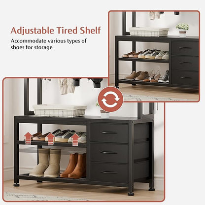 Lulive Hall Tree with Bench and Shoe Storage, 31.5" Coat Rack Freestanding with 2-Tier Storage Shelf, 6-in-1 Entryway Bench Coat Rack with 12 Hooks and 3 Drawers(Black)