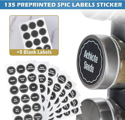 Black Countertop Revolving Spice Rack, Empty 20-Jars Rotating Spice Rack Organizer, Round Carousel Tower, 135 Spice Labels with Funnel Complete Set, for Kitchen Countertop, Cabinet