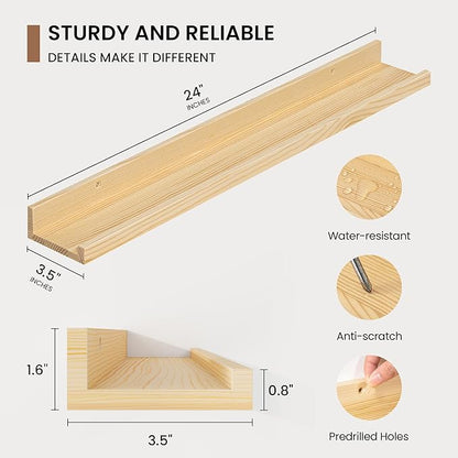 Picture Ledge Shelf, Solid Pine Wood Floating Shelves Set of 2, 24 Inches Nursery Book Shelves for Toys Storage, Kids Bookshelf Wall Mounted for Living Room Decor Photo Frames, Unfinished Natural