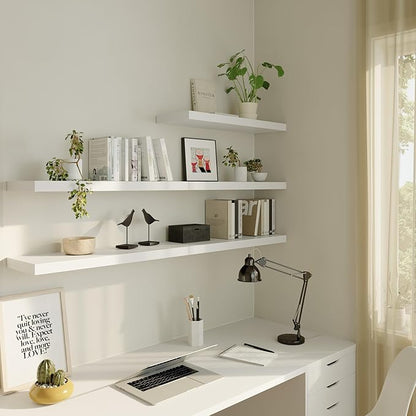 Large Floating Shelves for Wall Set of 2 Wooden Wall Shelves 24 in x 12.75 in x 2 in Room Decor Long Shelf with Invisible Wall Mount Bracket for Bedroom Kitchen Living Room White