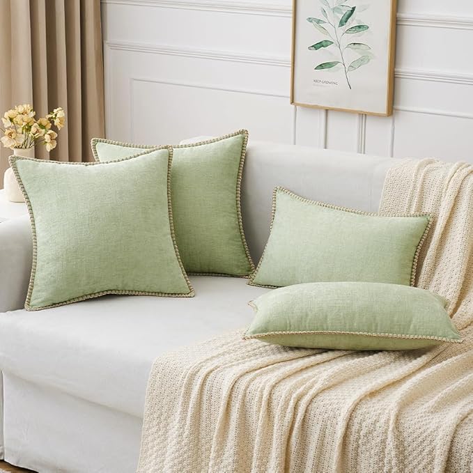 MIULEE Pack of 2 Couch Throw Pillow Covers 20x20 Inch Light Green Farmhouse Decorative Pillow Covers with Stitched Edge Soft Chenille Solid Dyed Spring Pillow Covers for Sofa Bed Living Room