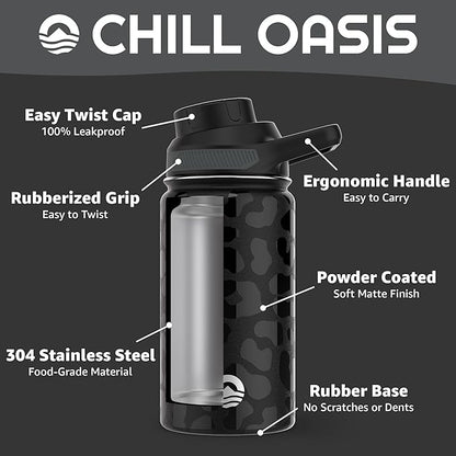 Chill Oasis Water Bottle | Compatible With Popular Flavor Cartridges | BPA Free, Leak Proof, Double-Walled Vacuum Insulated Stainless Steel, and Dishwasher Safe | Cold for 24 Hours (Leopard, 12oz)