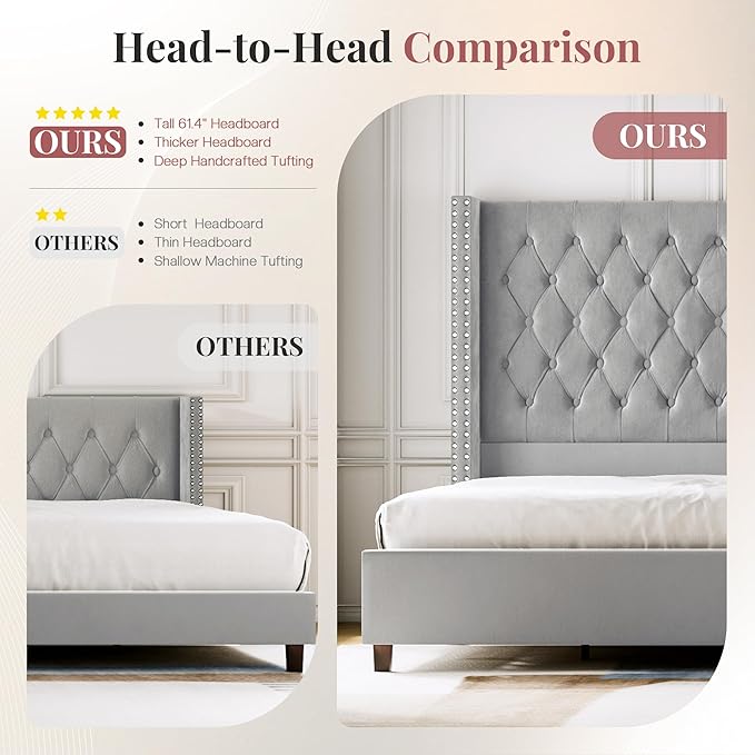 PaPaJet Queen Size Bed Frame with 61.4" Tall Headboard, Velvet Upholstered Platform and Handmade Deep Button Tufting, No Box Spring Required, Grey