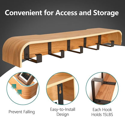 Coat Rack Wall Mount with Hidden Hooks Entryway Hanging Shelf Modern Wood Coat Hanger for Bedroom Kitchen Hallway Bathroom (Oak, 20.9 Inch Long)