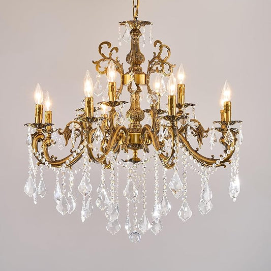 Vintage 8 Arms Crystal Chandelier Candle Light Fixture for Dining Room Living Room Bedroom Hallway Entryway Antique Gold Finish (34"-12 Lights)