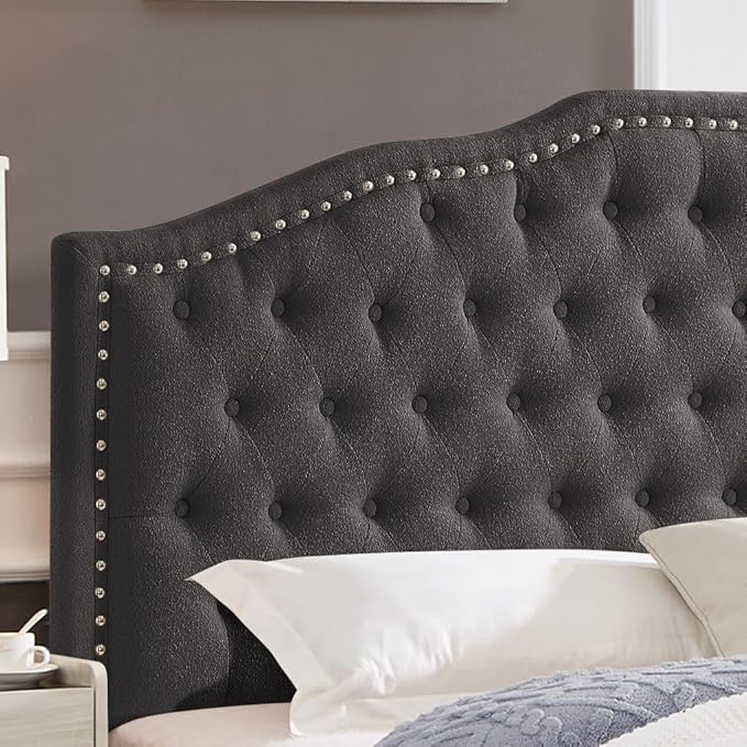 24KF Upholstered Button Tufted Queen Headboard with Nailhead Trim, Elegant Boucle Fabric Full headboard, 6031-Q-Boucle-Dark Gray
