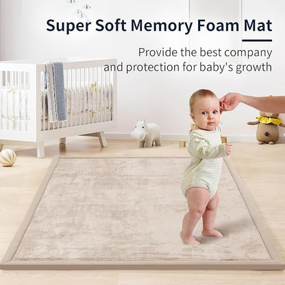 ACOMOPACK Baby Play Mat for Floor 1.3" Thick Memory Foam Play Mat 79"×157 Tummy Time Crawling with Non-Slip Bottom for Living Room,Nursery,Soft Velvet Playpen Mats for Kids,Infants（Beige）