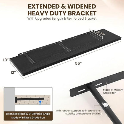 55" Floating Shelves for Wall, 12" Deep Slim Black Floating Shelves, Wall-Mounted Shelves for Bedroom, Living Room, Kitchen, Bathroom - Set of 2