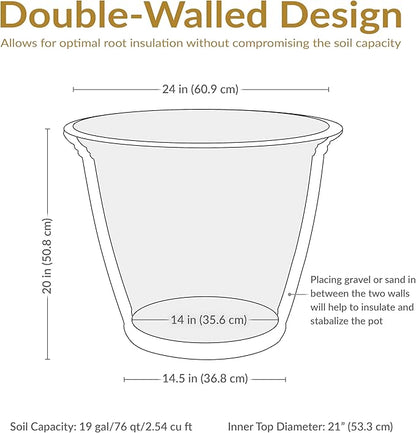 Sunnydaze 24-Inch Anjelica Large Plastic Pot for Plants - Outdoor Polyresin Round Planter with Drillable Drainage Holes - Slate - 4pk
