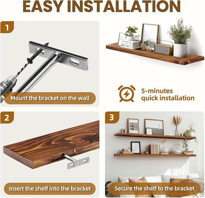Floating Wall Shelves 2-Pack - 36-Inch Rustic Brown Wooden Shelves for Storage and Décor, Easy Installation for Living Room, Bedroom, and Kitchen