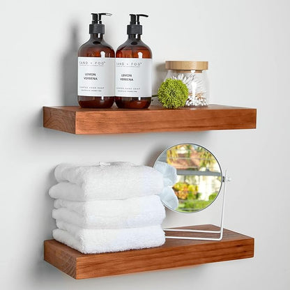 Homeforia 16 inch Oak Floating Shelf, High End Solid Real Wood 16inch Small Floating Shelves for Wall Mounted, Honey Oak Wooden 16in Floating Shelves, Heavy Duty Bracket, 16 X 6.5 X 1.75 in, Set of 2